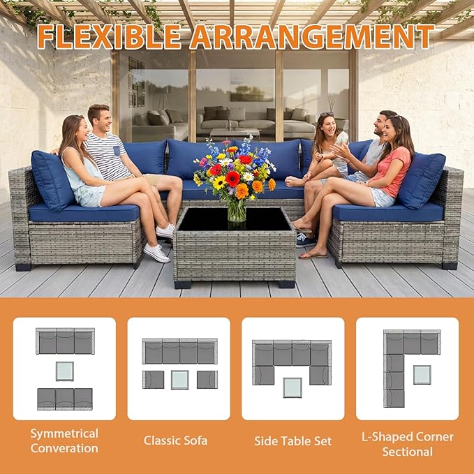 7-Piece Outdoor Wicker Furniture Set, PE Rattan Sectional Sofa with Coffee Table, All-Weather Patio Conversation Set with Thick Cushions for Backyard (Gray)