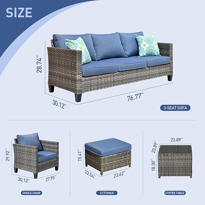HOOOWOOO 6-Piece Patio Furniture Set–Stylish,Comfortable Outdoor Rattan Sofa Set with 2 Chairs,2 Ottoamns and Coffee Table,Weather-Resistant Patio Conversation Set for Deck,Garden,Balcony (Denim Blue)