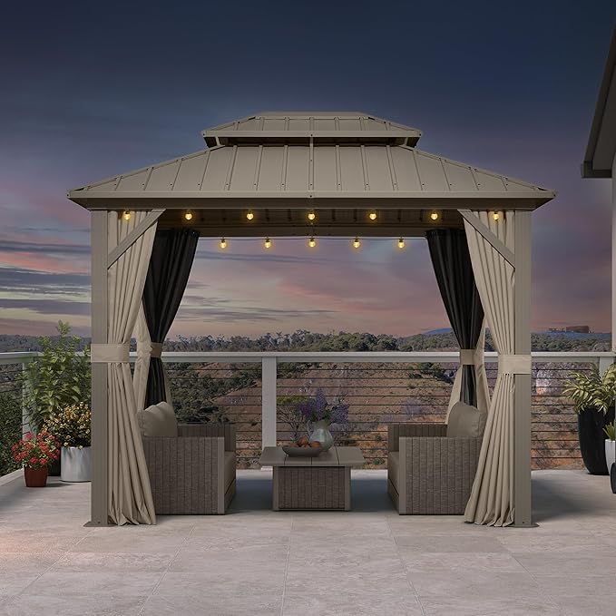 PURPLE LEAF 8' x 10' Outdoor Gazebo, Champagne Hardtop Metal Gazebo with Galvanized Steel Double Roof, Curtains and Netting for Patio Lawn and Garden
