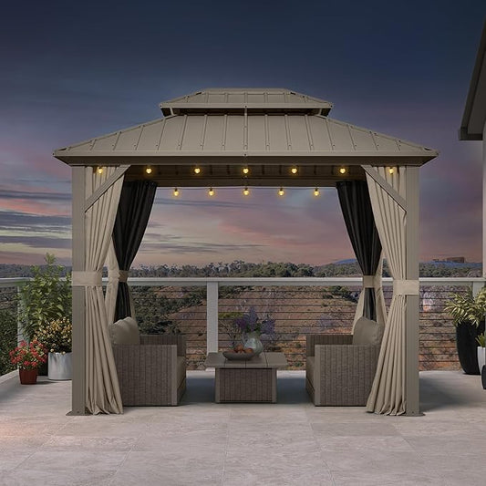 PURPLE LEAF 8' x 10' Outdoor Gazebo, Champagne Hardtop Metal Gazebo with Galvanized Steel Double Roof, Curtains and Netting for Patio Lawn and Garden