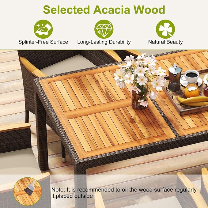 9 Pieces Patio Dining Set for 8, Outdoor Acacia Wood Table and PE Rattan Chairs with 2" Umbrella Hole, Cushions, Wicker Outdoor Dining Furniture Set for Backyard, Garden, Deck(Beige)