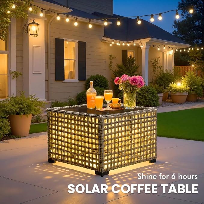 Patio Sectional Outdoor Furniture Set with Swivel Rocking Chairs and Glowing Table,8 Pieces Wicker Conversation Sets L Shaped Couch Out Door Sofa Outside Furniture for Garden Deck Yard Porch,Beige