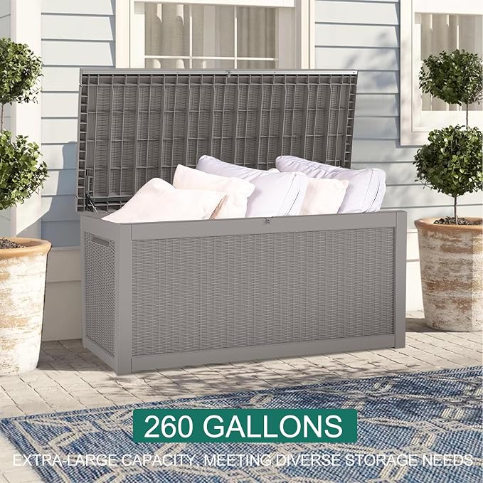 260 Gallon Waterproof Resin Outdoor Storage Box, Lockable & UV Resistant | Patio Deck Boxes, Outside Storage for Patio Cushions, Pool Toys, Garden Tools & Package Delivery, Brown