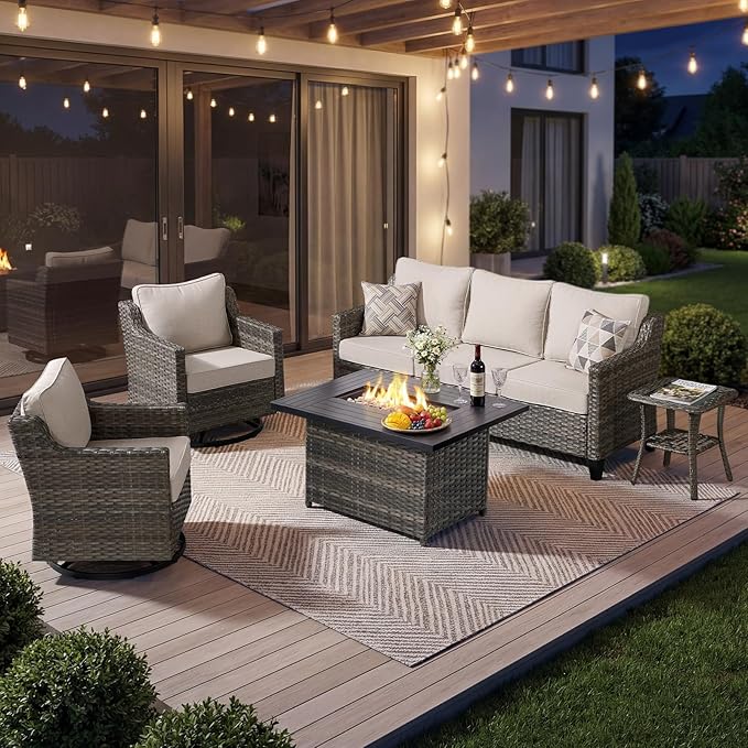 Luxury Patio Furniture sofa Set - 3 Pieces All Weather Wicker Outdoor Couch and High Back Swivel Rocker Patio Chairs with Glass coffee table for Deck Yard and Poolside Beige Cushions | Gray Wicker