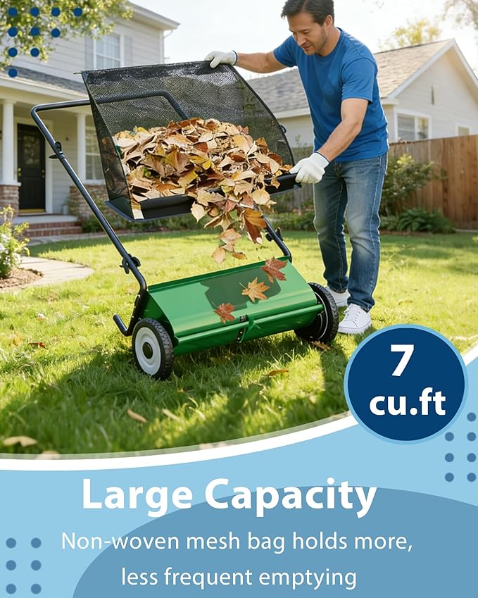 GarveeLife Push Lawn Sweeper, 26 Inch Extra-Wide 4-Brush System, 7 cu.ft. Mesh Bag, Heavy Duty Steel Frame, Height-Adjustable Yard & Garden Cleaner for Leaves and Grass