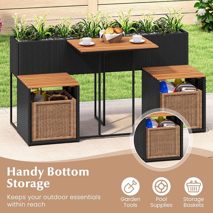 HAPPYGRILL Patio Furniture Set with Raised Garden Bed, Rattan Table Chairs Set with Storage, Acacia Wood Outdoor Seating and Flower Box Set for Backyard, Porch, Deck