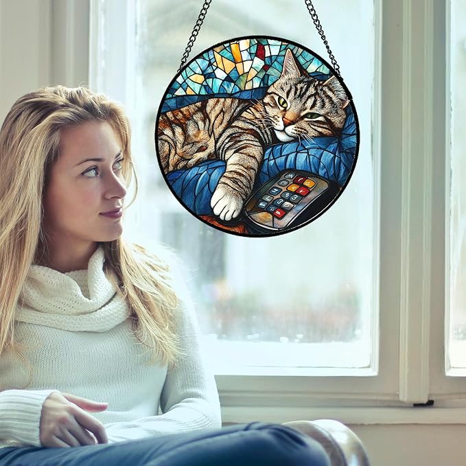 DASTOLL Stained Glass Window Hanging Gray Cat and Remote Control 9.8" - Suncatcher Door Garden Kitchen Sun Catcher Home Decor Birthday for Lost Pets Mom Men Woman Friend Grandma