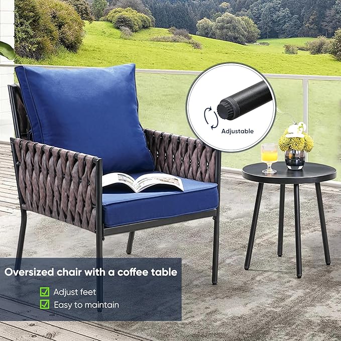 3-Piece Patio Furniture Set, Armchairs with Coffee Table,Modern Wicker Outdoor Conversation Set with Waterproof Thick Cushion for Deck,Backyard,Porch,Navy