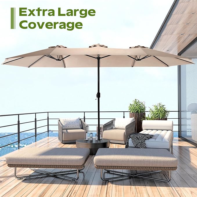 15ft Umbrella Outdoor Patio - Double-Sided Large Market Rectangle Umbrellas with Crank Handle for Patio Garden Yard Pool (No Base)