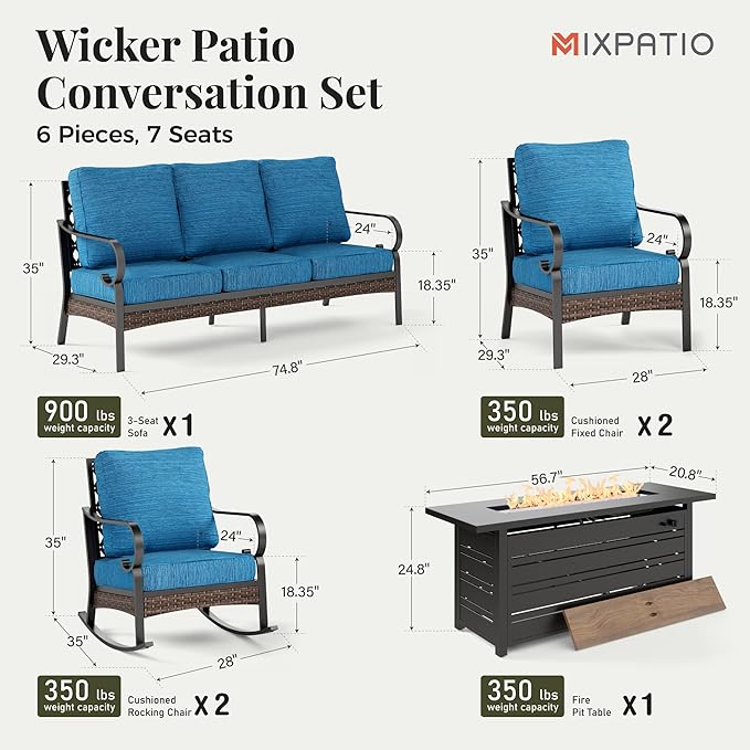 Patio Furniture Set with Fire Pit Table, Metal Outdoor Conversation Set with 5.75'' Extra Thick Cushion, 2 Rocking Chairs, 2 Leg Chairs, 3-Seat Sofa and Gas Fire Pit Table, Pacific Blue