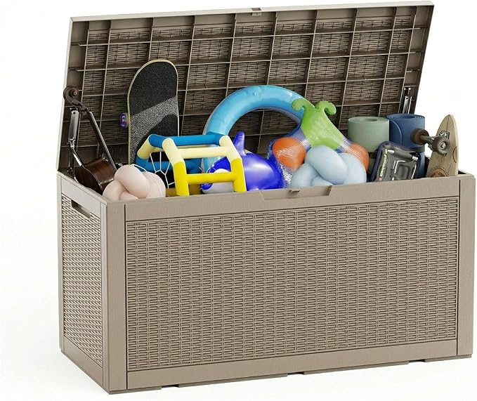 120 Gallon Weatherproof Large Storage Box, Beige | Lockable Resin Outdoor Package Delivery Box & Durable Extra Bench, UV Protected & Rustproof, Holds Pool Floats & Garden Tools