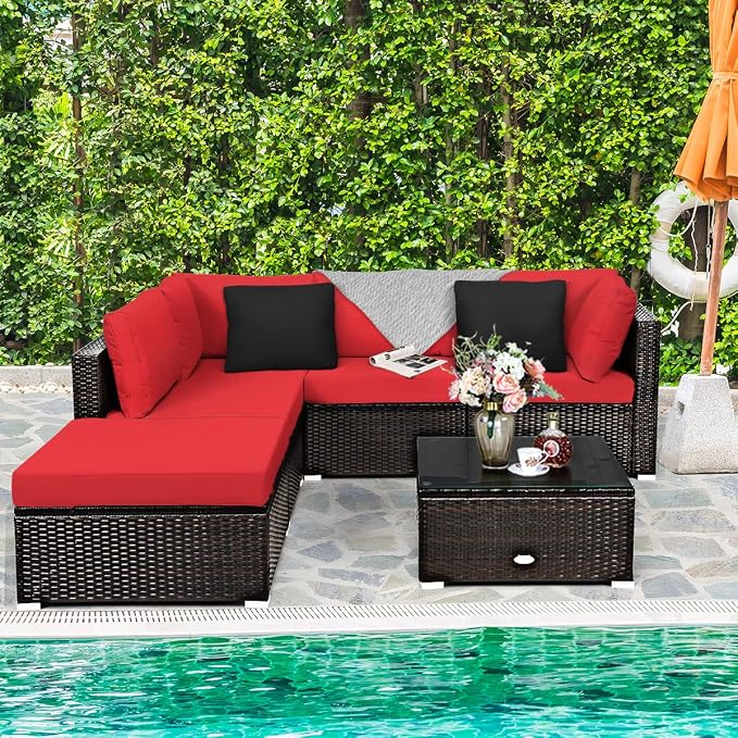 COSTWAY 6-Piece Outdoor Patio Furniture Set, Rattan Sectional Sofa Set with Tempered Glass Coffee Table, Cushions and Ottoman for Garden, Deck, Backyard (Red)