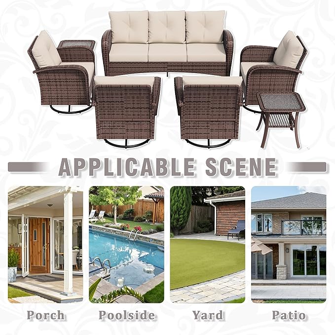 7 Piece Patio Conversation Set – 2 Swivel Rocking Chairs, 2 Coffee Tables & 3-Seater Sofa | PE Wicker Patio Sectional | Heavy-Duty Steel Frame & Weatherproof Cushions, Beige