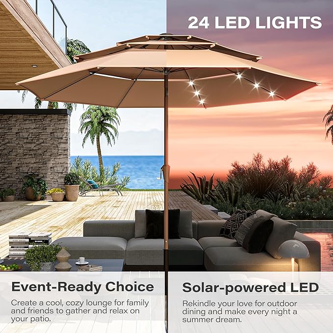 EO Living 10ft Patio Umbrella with Solar LED Lights,3-Tier Wind Resistant Outdoor Market Umbrella with Flexible 8 Ribs & Push Button Tilt, Solar Powered Umbrella for Deck, Poolside, Garden, Beige