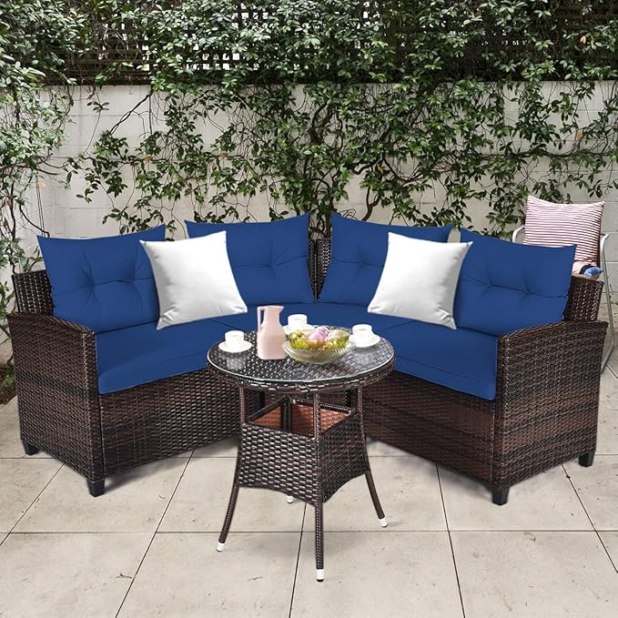 Tangkula 4-Piece C Shape Patio Furniture Set, Outdoor Corner Wicker Rattan Sectional Cushioned Sofa Set, with Glass Coffee Table, for Garden Poolside Balcony (Navy Blue)