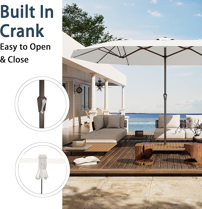 PatioKingdom 15FT Large Patio Umbrella with Base, Double Sided Rectangular Outdoor Umbrella with Sturdy Fiberglass Ribs, Market Umbrella for Pool,Garden,Backyard,Deck (Creamy-white, 15FT)
