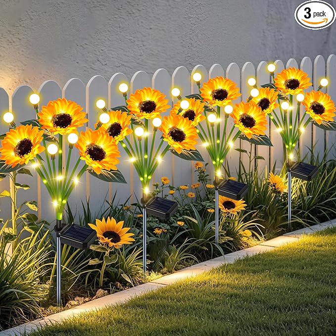 4 Pack Solar Sunflower Lights Outdoor Garden Decor, Upgraded with Firefly Lights, Waterproof Solar Flower Stake for Outside Yard Lawn Backyard, Gardening Gifts for Women Mom Grandma