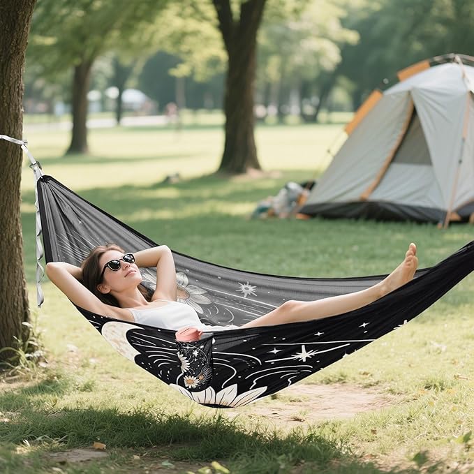 Qilmy White Sun Flower Camping Hammock Single – 330 lbs Capacity, Lightweight with Tree Straps & Carabiners, Portable for Hiking, Travel, Backpacking
