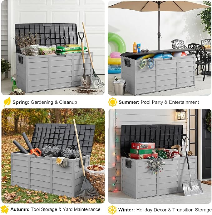 75 Gallon Resin Deck Box, Waterproof Anti-UV Lockable Outdoor Storage Bin for Patio Furniture Garden Tools, Heavy Duty Indoor Package Delivery Deck Boxes for Pillows Pool Cushions, Gray