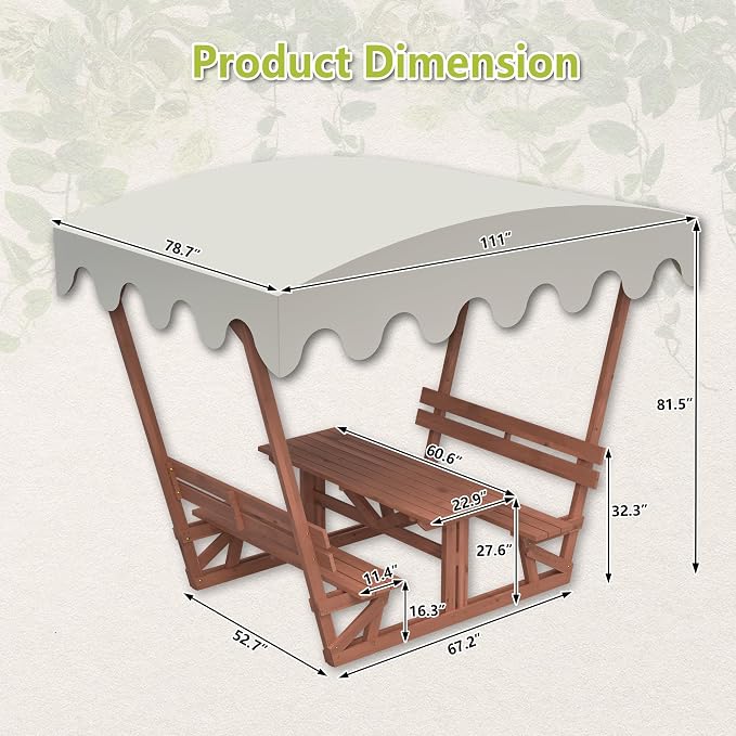 Wood Outdoor Picnic Table Bench Set, Wooden Dining Table Set with 2 Built-in Benches for 4-6 Adults, All-Weather Patio Table and Bench Set with Detachable Sunshade Canopy for Front Porch Lawn Garden