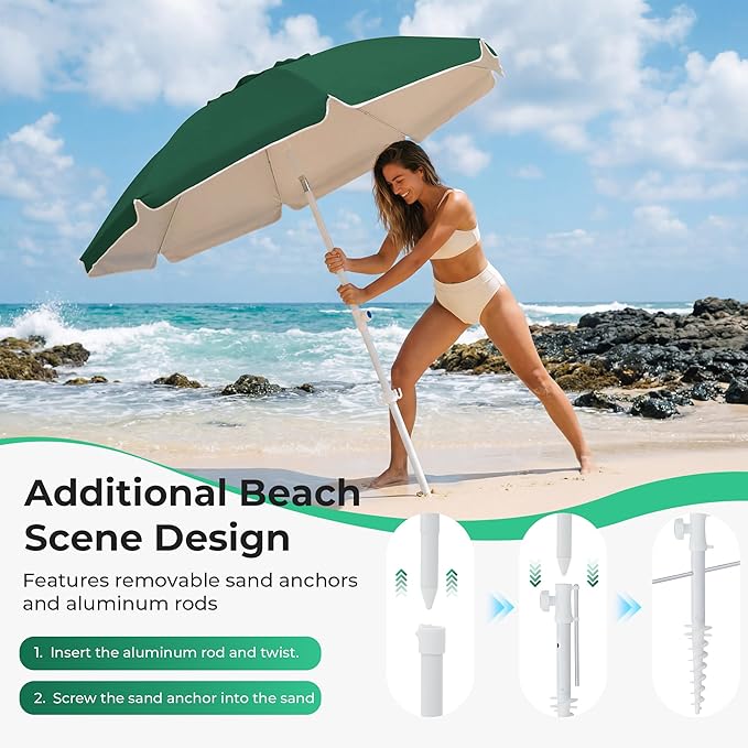 JEAREY 6.5ft Sun Shade Umbrellas, Portable Umbrella with Stand, Lightweight Sun Protection Free Standing Sport Umbrella for Outdoor Sports, Camping, Fishing, Patio, Beach, Dark Green