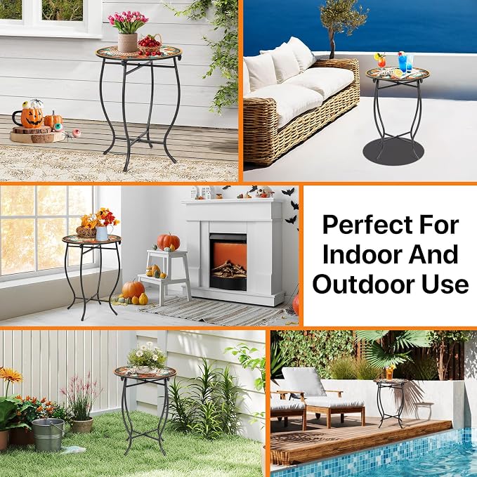 Fashion&cool Patio Side Tables, 14 Inch Weather Resistant Metal Outdoor Side Table for Halloween, Round End Table Side Table for Patio Yard Porch Balcony Garden Bedside, Plant Stand (Orange-Pumpkin)