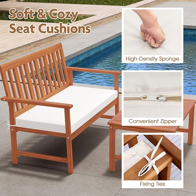 HAPPYGRILL 4 Pieces Acacia Wood Furniture Set, Patio Conversation Set w/Seat Cushions & Robust Wood Frame, Outdoor Loveseat Sofa, 2 Armchairs & Coffee Table Set for Backyard, Porch, Poolside (1)
