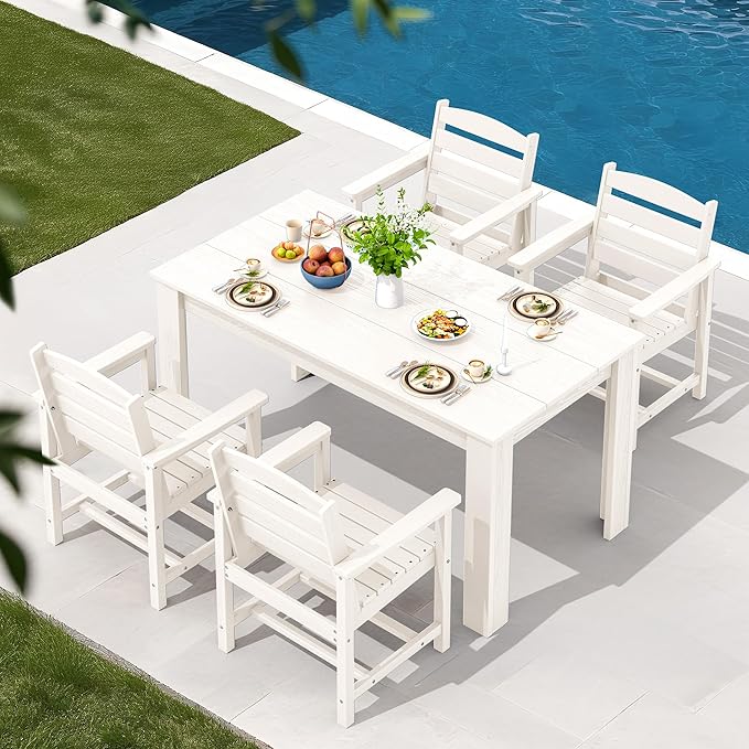 SERWALL Patio Dining Set for 4, Outdoor Dining Sets for 4 Person with 1 Umbrella Hole Cut-Out Rectangular Table and 4 Chairs, HDPE Dining Sets for Garden, Backyard, Poolside, White