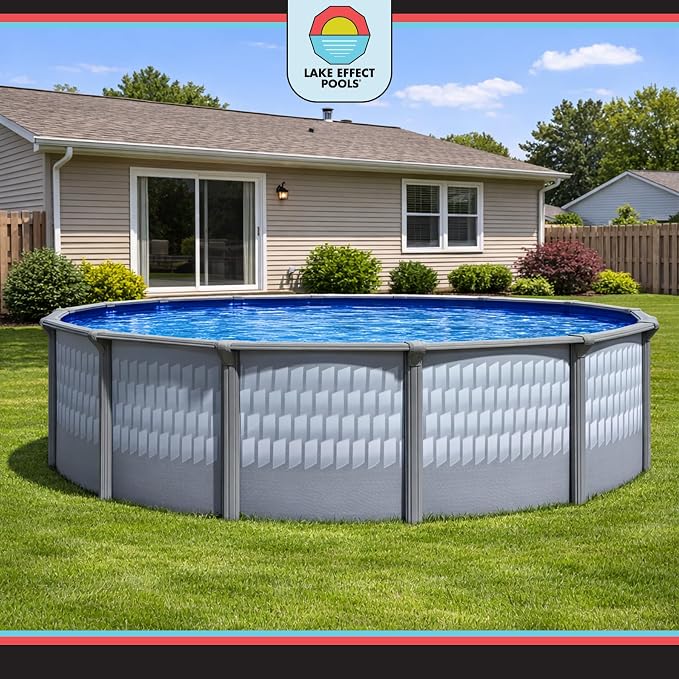 Lake Effect Pools 'Testudo' 30 ft Round Above Ground Swimming Pool | 52 Inch Resin Protected Steel Sided Walls | Bundle Includes: 25 Gauge Overlap Liner & Widemouth Skimmer