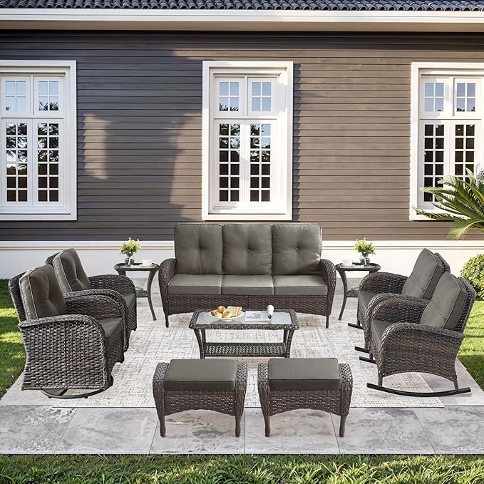10-Piece Patio Furniture Set-Patio Rocking Chairs Set of 4 Outdoor Rattan Sofa Sets with Coffee Table Outdoor Patio Furniture Sets for Deck Porch Garden Balcony Poolside-Brown/Grey