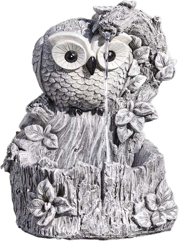 Roman 11-Inch Owl Garden Fountain – Pudgy Pals Outdoor Water Feature, Whimsical Yard Statue, Resin Owl Decor for Patio, Lawn, Garden Landscaping