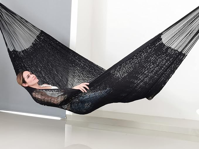 Traditional Mayan Hammock - Hammock Made with Thick Cotton Thread (Black, Small)