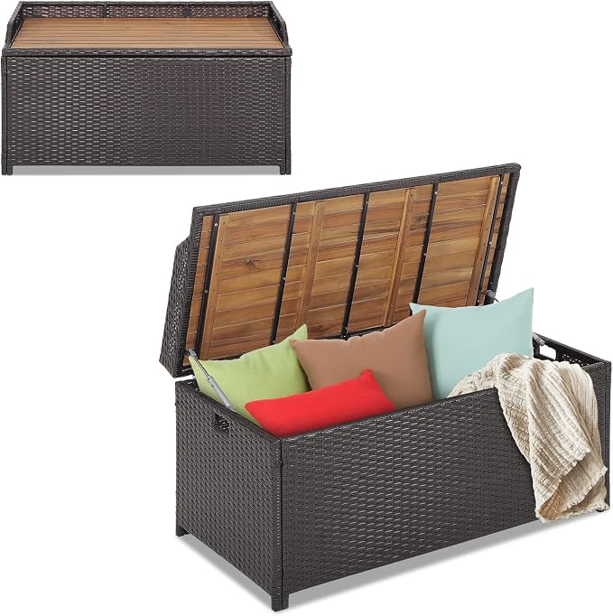 HAPPYGRILL Patio Storage Bench Rattan Wicker Deck Box with Acacia Wood Seat, Gas Strut, Zipper Liner, Handles, Outdoor Storage Container for Patio Furniture Cushions Pillows