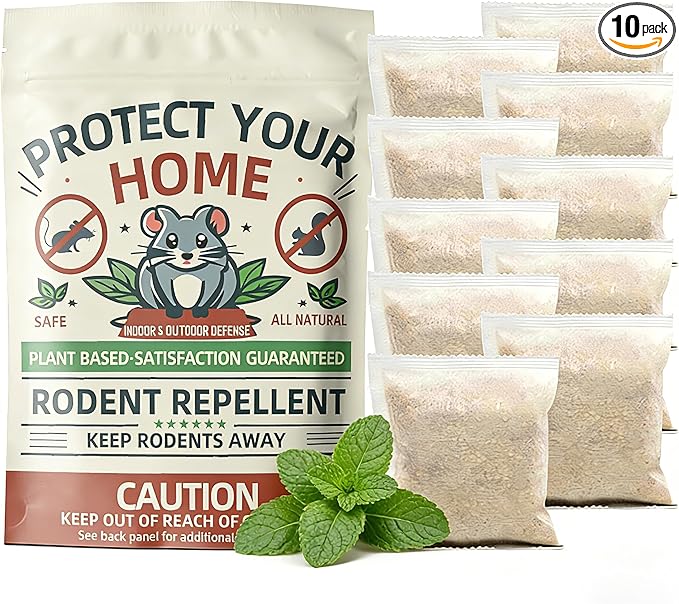 Mouse Repellent Pouches, 10 Pack Peppermint Oil Rodent Mouse Deterrent, Suitable for Indoor and Outdoor Use, Prevents Squirrels Spider Pests and Repels Mice, Safe for Pets and Family