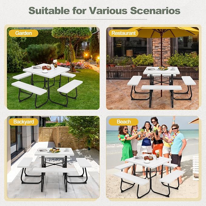 POWERSTONE Picnic Tables with Benches for 8, Outdoor HDPE Picnic Table with Umbrella Hole, Heavy Duty 35" Portable Dining Set Camping Table for Backyard, Patio, Park(White)