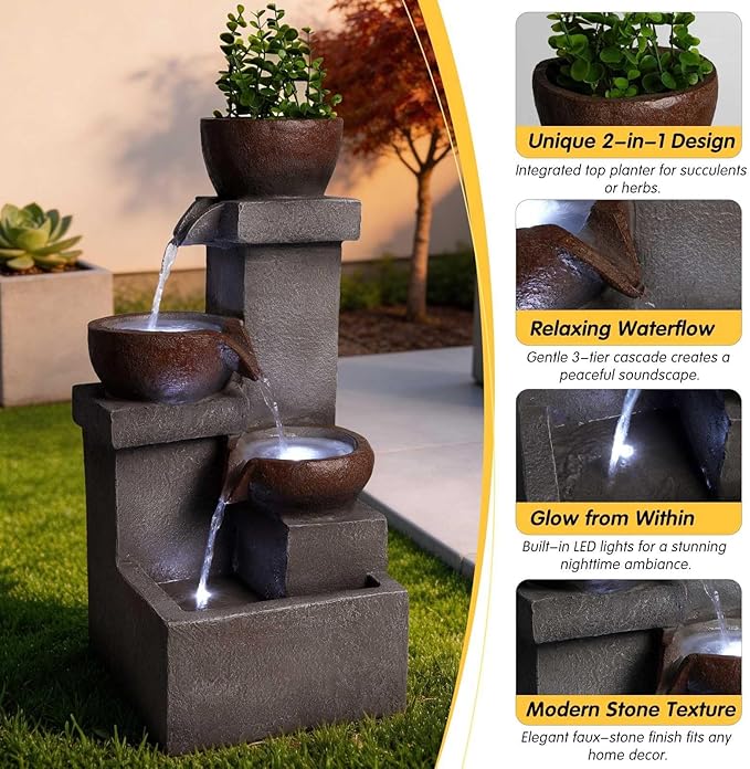Outdoor Water Fountain with LED Lights, 23.6" Tiered Cascading Waterfall Fountain with Planter, Weather-Resistant Resin Garden Fountain for Patio Backyard Porch Decor, Gray