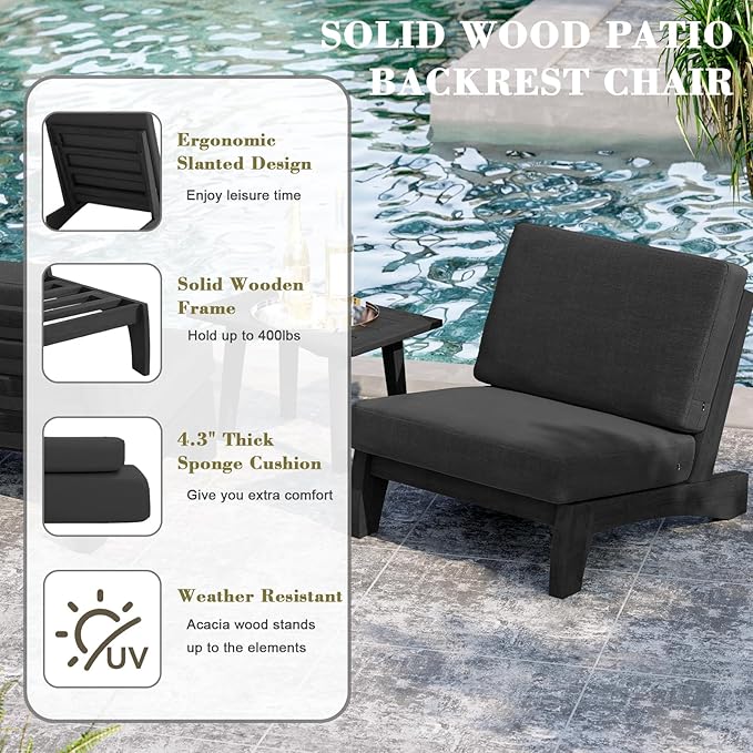 UIXE Black Wood Patio Furniture Sets, 4 Pieces All Weather Outdoor Sectional Futniture Patio Sofa Chair Backyard Conversation Set with Solid Wooden Coffee Table - Dark Gray