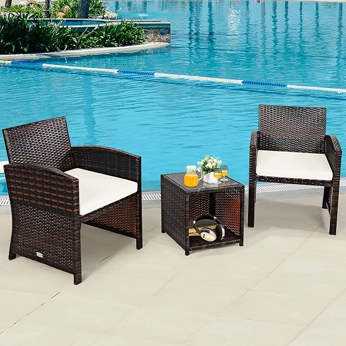 Tangkula 3-Piece Outdoor PE Rattan Furniture Set, Patio Conversation Set w/Chair & Storage Coffee Table, Detachable Cushion, Stable X-Shaped Frame, Perfect for Garden, Backyard, Poolside (White)