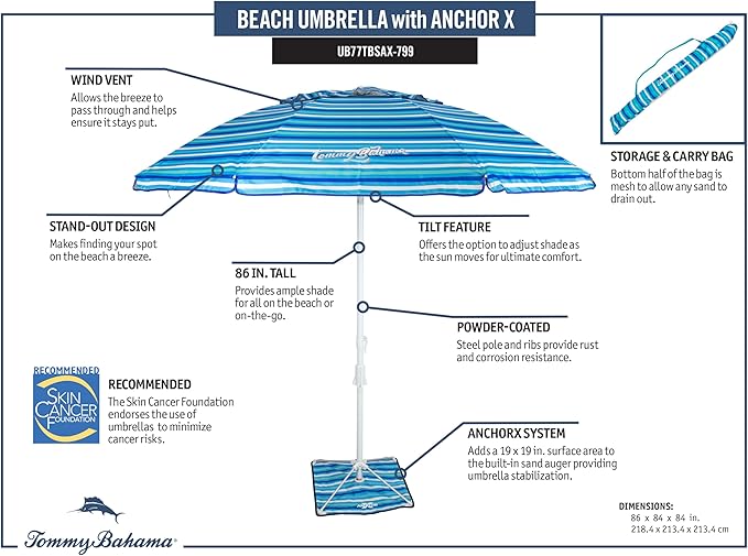 Tommy Bahama ANCHORX Adjustable Beach Umbrella Base System with Sand Anchor and Carrying Bag, SPF 50+ Protection Portable Outdoor Market Umbrella