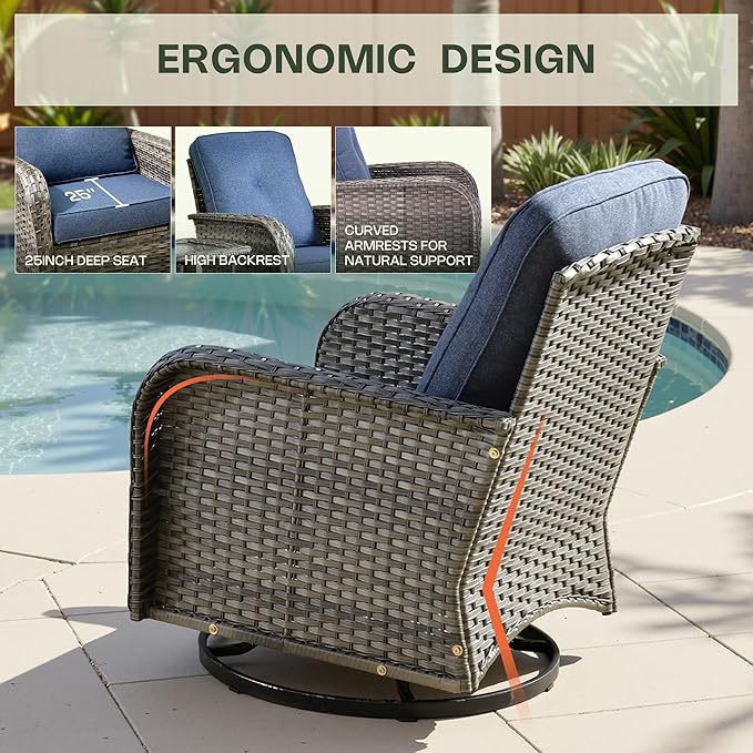 3-Piece Patio Furniture Set, Outdoor Wicker Furniture with Coffee Table, High Back Swivel Rocker Patio Chairs, Modern Rattan Outdoor Chairs Conversation Set for Porch, Balcony, Garden, Denim Blue