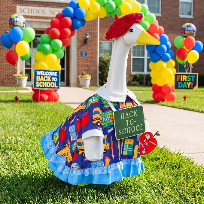 1 Set Back to School Porch Goose Outfit for 23 Inch Lawn Goose Statue | School-Themed Goose Clothes with Dress,Hat,Neck Sign,Apple Felt Sticker & Glue Dots for Patio,Yard,Classroom or Garden Decor