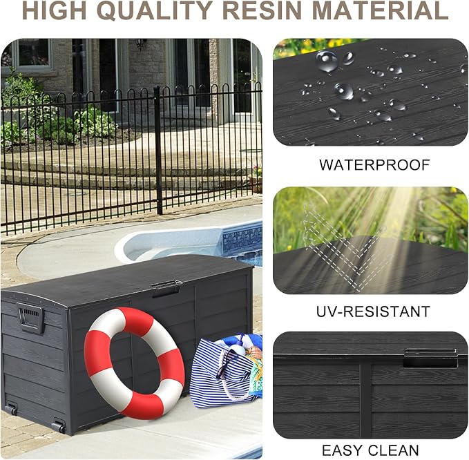 75 Gallon Outdoor Storage Deck Box with Wheels, Lockable Plastic Garden Storage Chest, Polypropylene Resin, Waterproof UV-Resistant, 44 x 21.3 x 19.3 Inches, Black