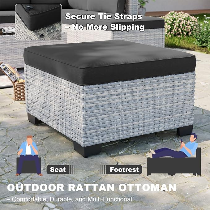9-Piece Patio Furniture Set, Outdoor with Ottomans, Modular Patio Sofa, Dual-Strand Wicker Rattan, Rust-Resistant Frame, Backyard Furniture for Garden, Deck, Black