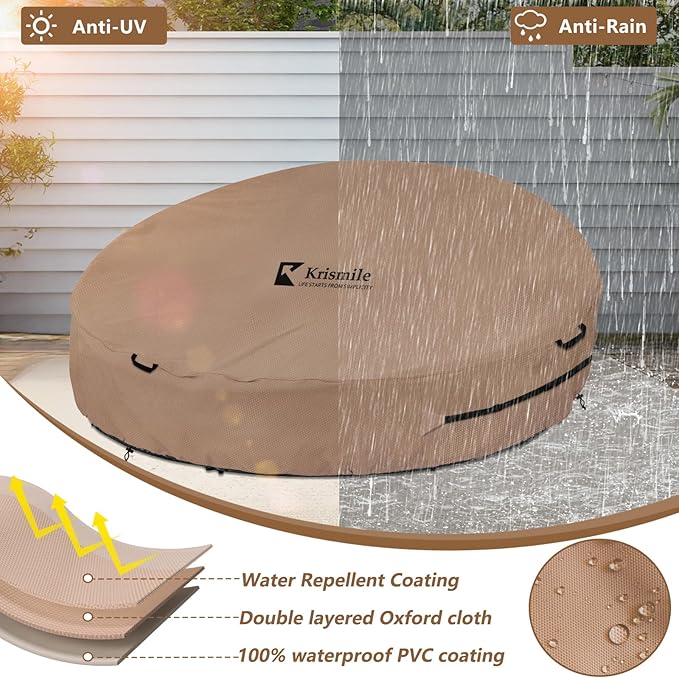 Heavy Duty 600D Waterproof Outdoor Daybed Cover for 75" Round Patio Sofa - UV-Resistant All-Weather Protection Furniture Cover with Air Vent, Fits 75" Dia x 35"/16" H (Brown)