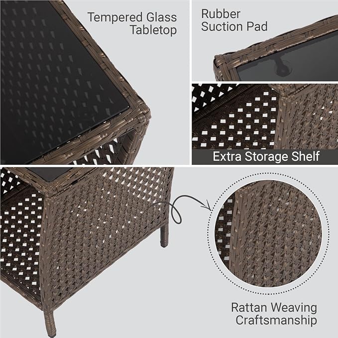 Kinfant Outdoor Wicker Side Table with Tempered Glass Top, 17.7" Square Patio End Table with Storage Shelf, Weather-Resistant Rattan Table for Balcony, Porch, Deck, Garden, Easy Assembly, Black Gold