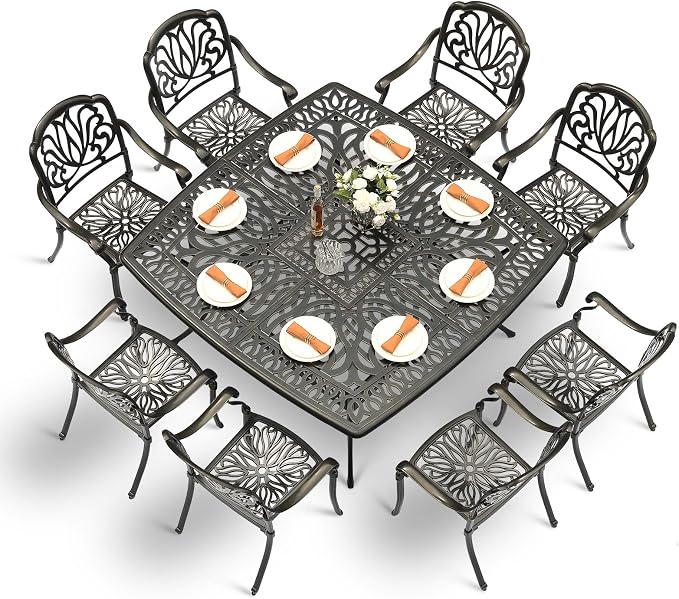 VIVIJASON 9-Piece Outdoor Furniture Dining Set for 8, All-Weather Cast Aluminum Patio Table and Chairs Set with 8 Chairs, 64" Large Square Dining Table and 2.2" Umbrella Hole for Patio Deck Garden