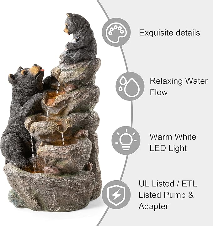 Glitzhome Water Fountain Outdoor, Outdoor Fountain with Lights & Pump, 30.5" H 4-Tiered Mom and Baby Bear Polyresin Cascading Waterfall Floor Standing Water Feature for Garden, Patio, Yard, Deck
