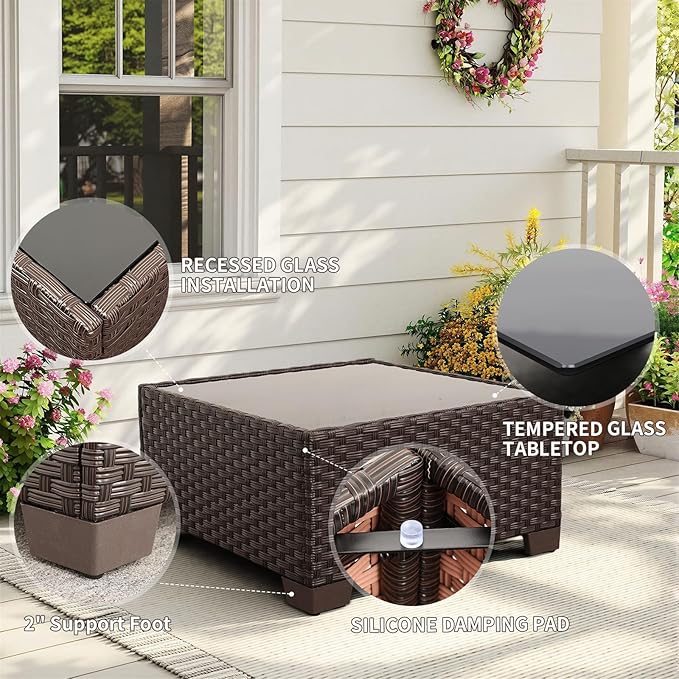 Rattaner 7 Pieces Wicker Patio Furniture Conversation Set Outdoor Sectional Sofa Glass Coffee Table with Non-Slip Cushions and Furniture Cover, Beige