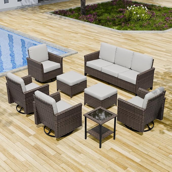 COOS BAY Harbor Retreat 8 Piece Outdoor Furniture Set, Patio Conversation Set with 4 Swivel Rocking Chairs, 3 Seat Couch, Side Table & Ottomans, Wicker Furniture, Brown/Beige