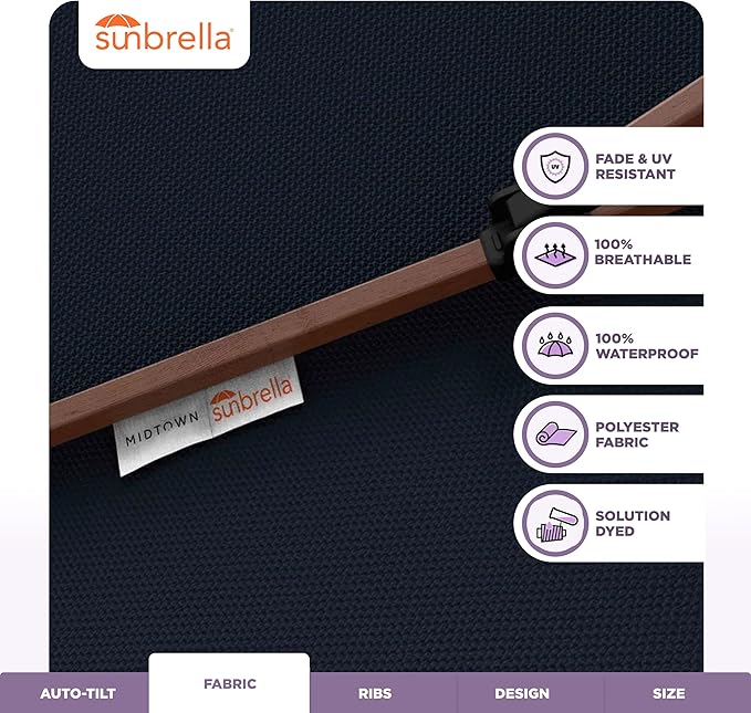 Midtown Umbrellas Wooden 2-8 Ft Patio Umbrella with 360° Swivel & Tilt Mechanism, 8 Fiberglass Ribs & Sunbrella Fabric - Outdoor Umbrella for Deck, Pool & Garden - Burgundy Canopy, Wooden Pole